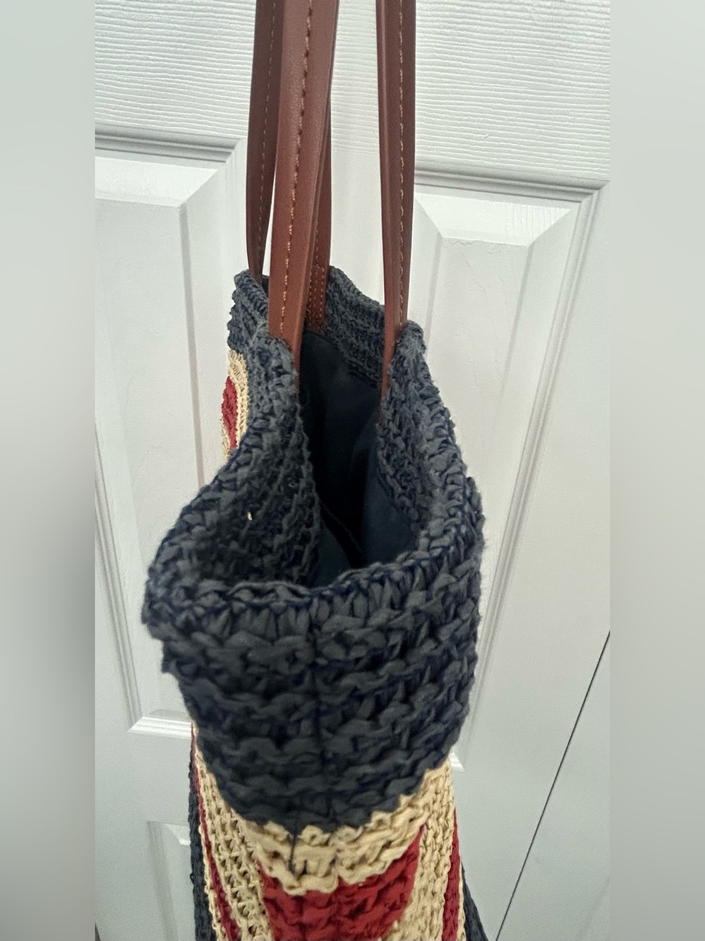 Miu Miu Black Cream Red Crochet Straw Tote with Brown Leather Straps looks like - Picture 4 of 14